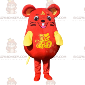 Very smiling red and yellow mouse BIGGYMONKEY™ mascot costume.