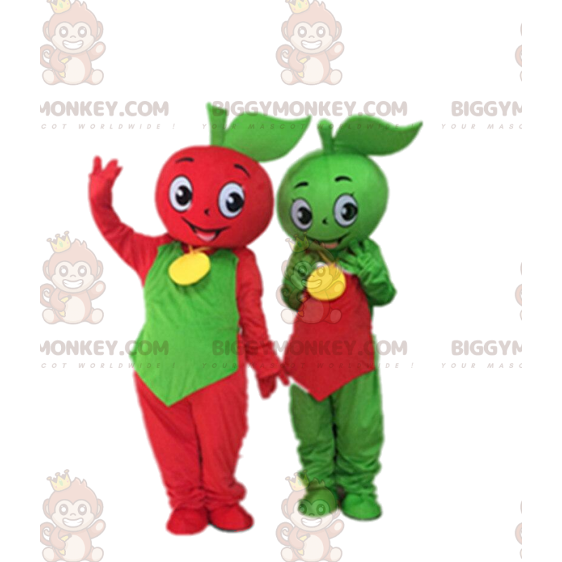 2 BIGGYMONKEY's mascotte groene en rode appels, appelkostuums -