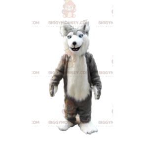 Traje de mascote BIGGYMONKEY™ de husky cinza e branco, fantasia