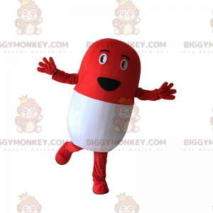 Traje de mascote BIGGYMONKEY™ de pílula vermelha e branca