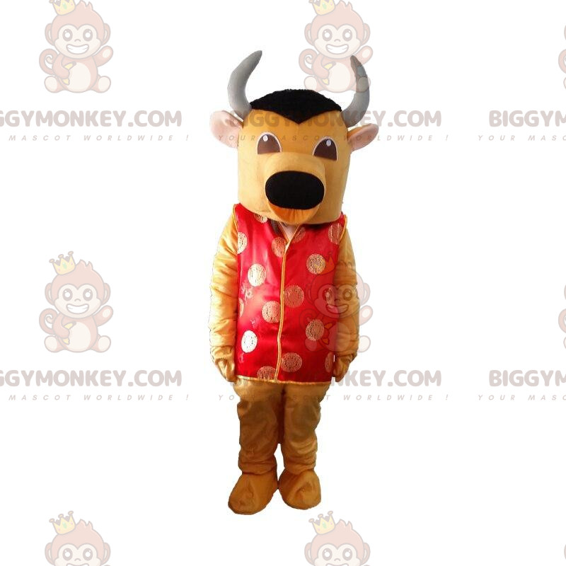 BIGGYMONKEY™ maskotdräkt Gul & svart tjur med röd asiatisk