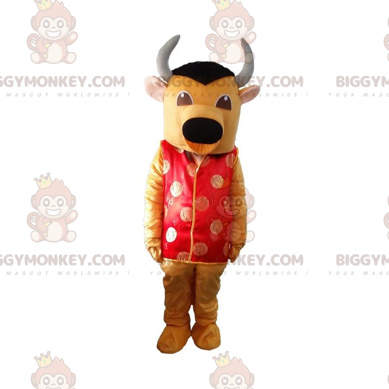 Traje de mascote BIGGYMONKEY™ Touro amarelo e preto com roupa