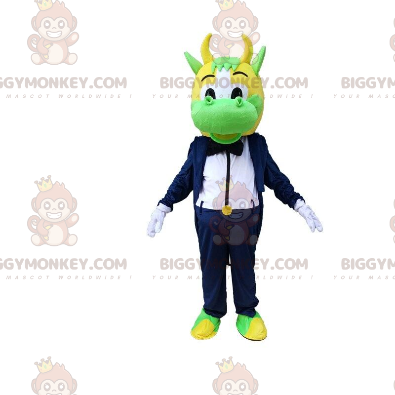 Groene en gele koe BIGGYMONKEY™ mascottekostuum gekleed in