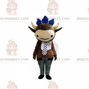 Brown cow BIGGYMONKEY™ mascot costume with tie and gray pants –