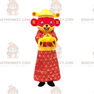 Traje de mascote BIGGYMONKEY™ de rato vermelho e amarelo com