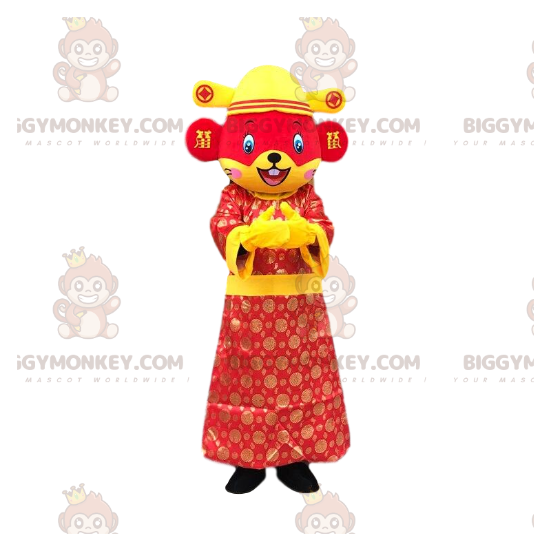 Kostým červenožlutá myš BIGGYMONKEY™ maskot v asijském oblečení