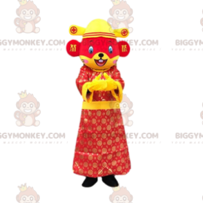 Costume de mascotte BIGGYMONKEY™ de souris rouge et jaune vêtue