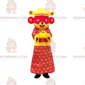 Rød og gul mus BIGGYMONKEY™ maskotkostume iført asiatisk outfit