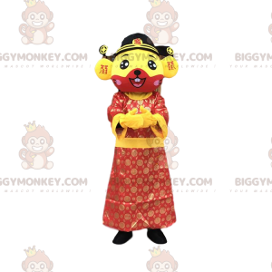 BIGGYMONKEY™ maskotdräkt av gul och röd mus som bär asiatisk