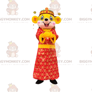 Traje de mascote BIGGYMONKEY™ amarelo, vestido asiático de rato