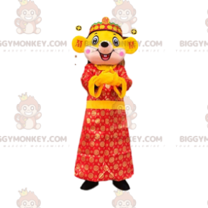 Traje de mascote BIGGYMONKEY™ amarelo, vestido asiático de rato