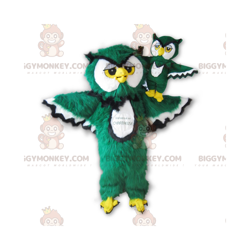 Costume mascotte BIGGYMONKEY™ da gufo bianco nero giallo verde