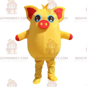 BIGGYMONKEY™ Costume mascotte maiale giallo e rosso, paffuto e