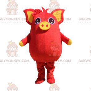 BIGGYMONKEY™ Costume da mascotte maiale rosso e giallo, paffuto