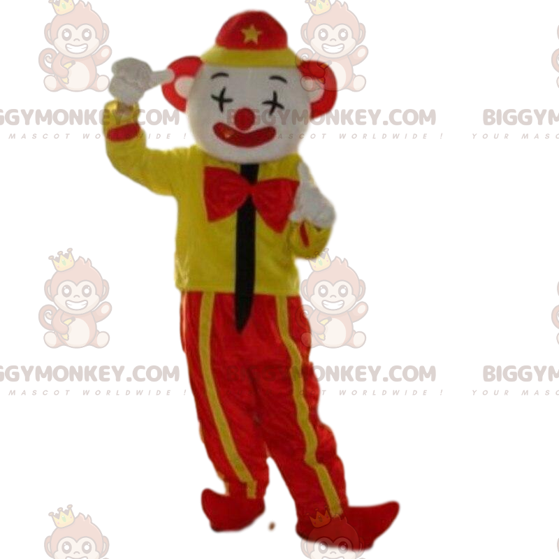 Gelber und roter Clown BIGGYMONKEY™ Maskottchenkostüm, Zirkus