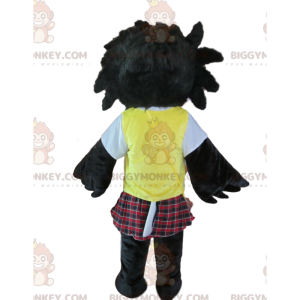 BIGGYMONKEY™ maskotdräkt av Messy Black Bird med kilt och gul