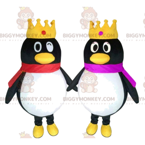2 BIGGYMONKEY's mascotte pinguïns met kronen, pinguïnpaar -
