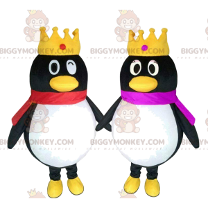 2 pinguins mascote BIGGYMONKEY™s com coroas, casal de pinguins