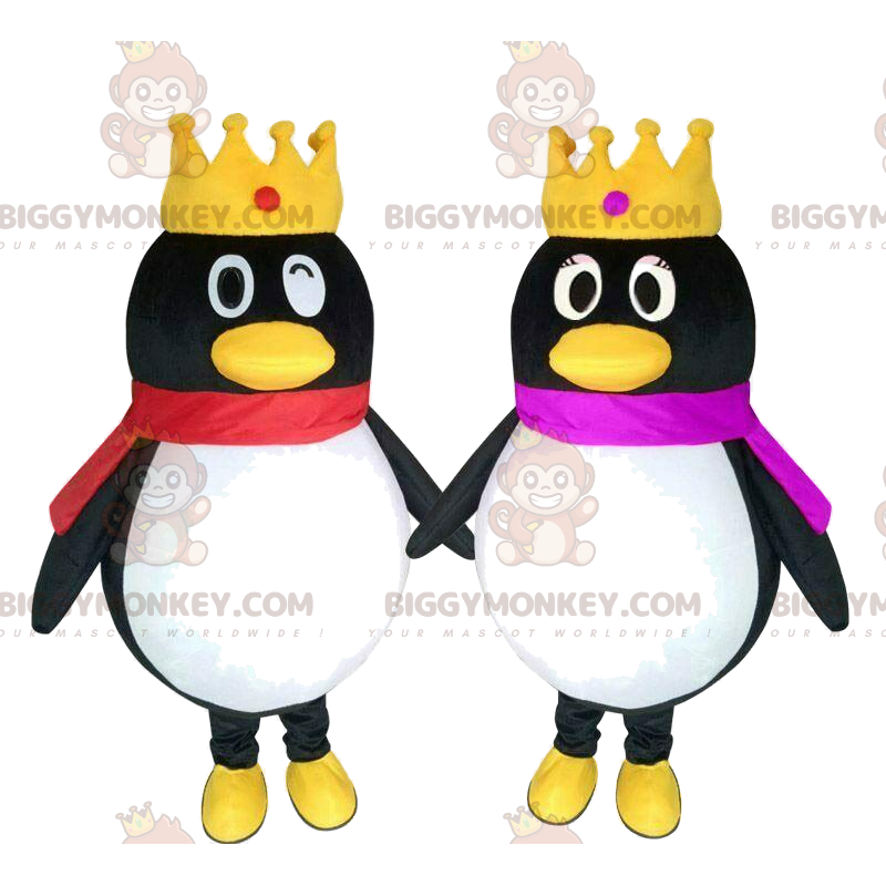 2 pinguins mascote BIGGYMONKEY™s com coroas, casal de pinguins