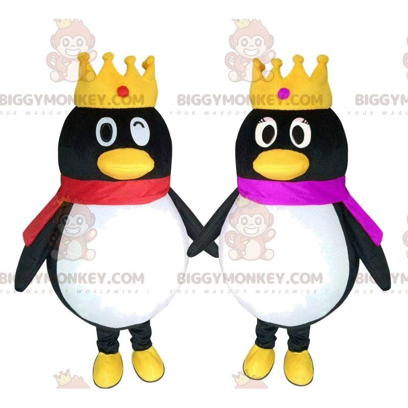 Duo de mascottes BIGGYMONKEY™ de pingouins avec des couronnes
