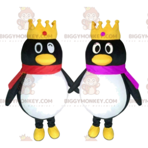 2 BIGGYMONKEY™s mascot penguins with crowns, penguin couple –