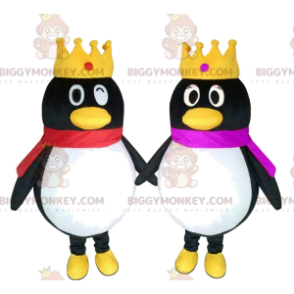 2 pinguins mascote BIGGYMONKEY™s com coroas, casal de pinguins