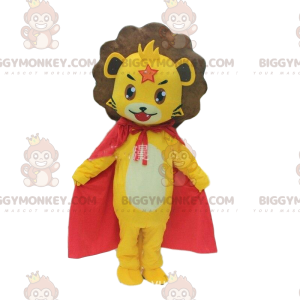 Traje de mascote BIGGYMONKEY™ de leãozinho amarelo com capa