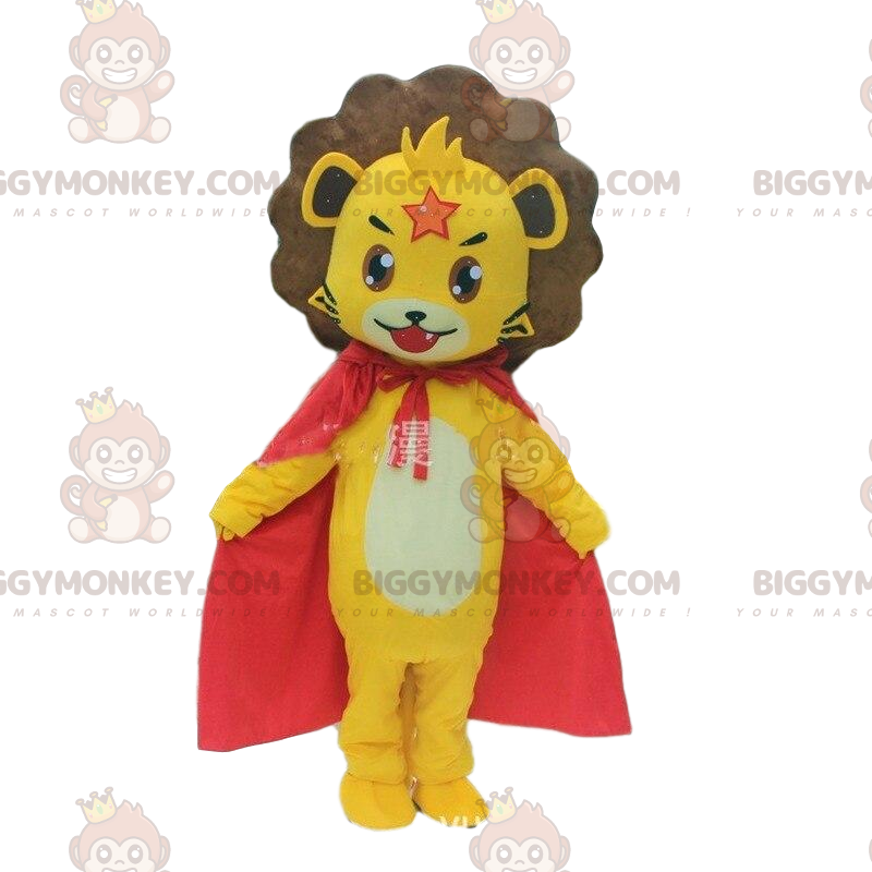 BIGGYMONKEY™ mascot costume of little yellow lion with a cape