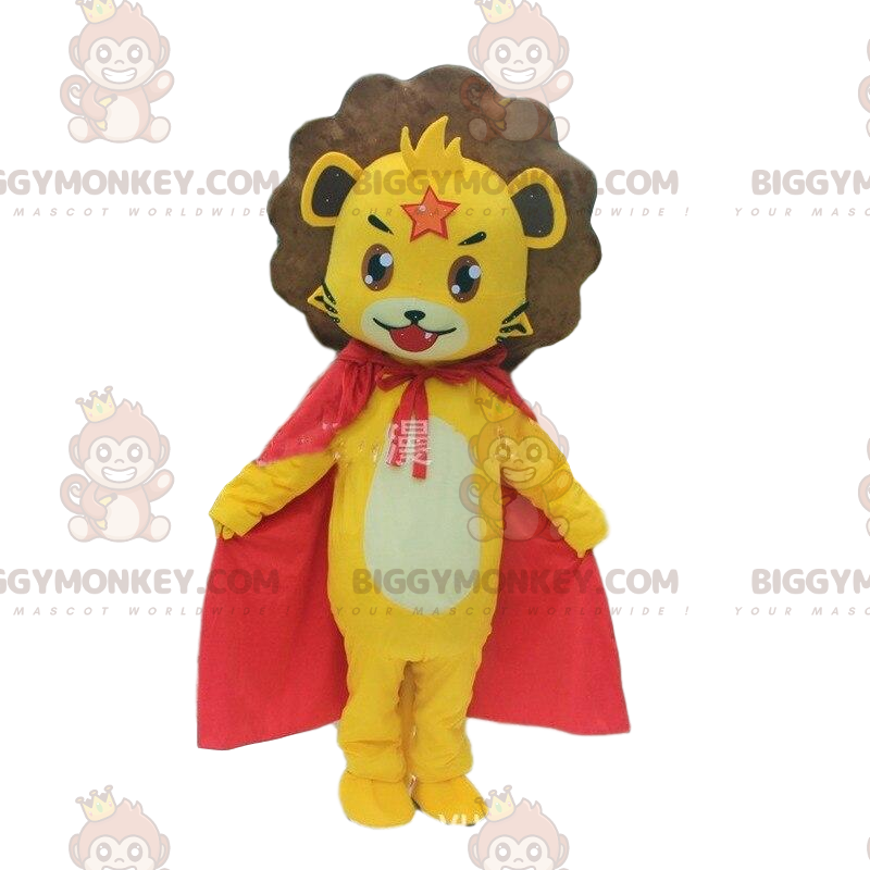 Traje de mascote BIGGYMONKEY™ de leãozinho amarelo com capa