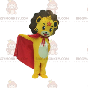 BIGGYMONKEY™ mascot costume of little yellow lion with a cape