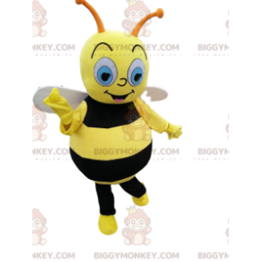 BIGGYMONKEY™ maskot kostume sort og gul bi, flyvende insekt