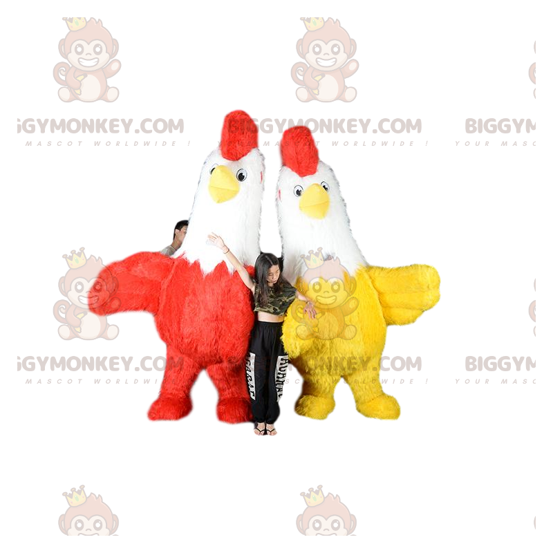 2 BIGGYMONKEY™s chicken mascots, two-tone inflatable roosters -