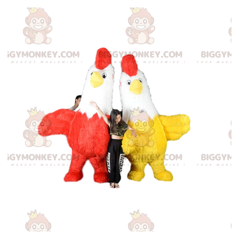 2 mascotes de frango BIGGYMONKEY™s, galos infláveis de dois