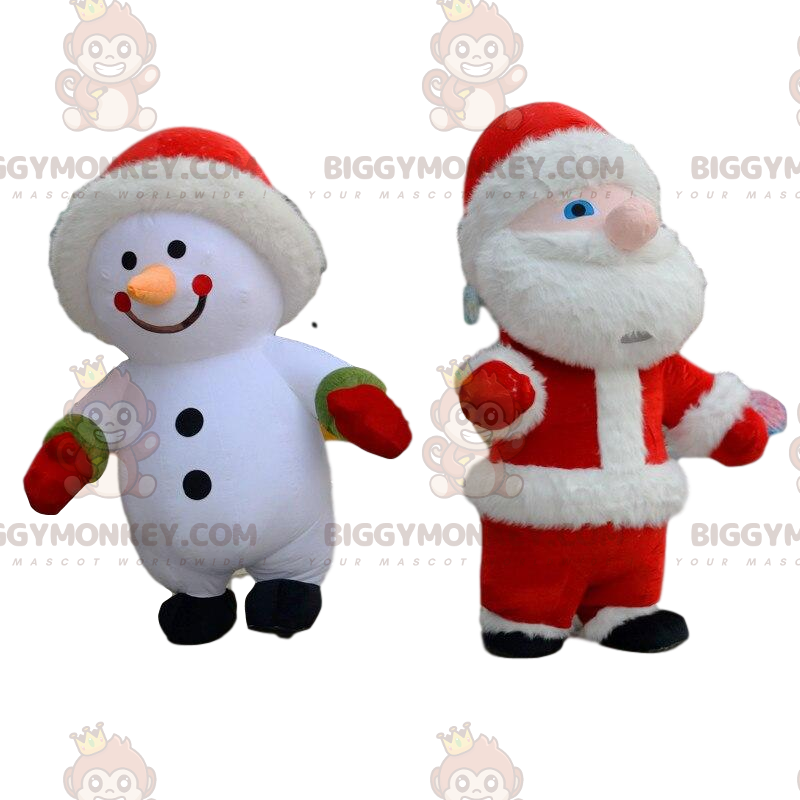 2 costumes gonflables, un bonhomme de neige et un Père-Noël -