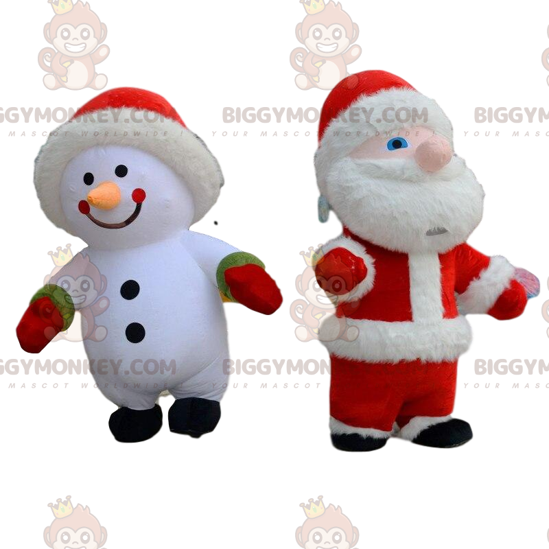 2 oppustelige kostumer, en snemand og en julemand -