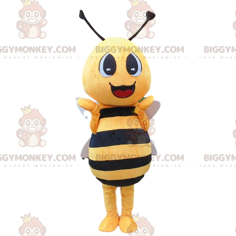 Disfraz de abeja amarilla y negra, gigante y sonriente -