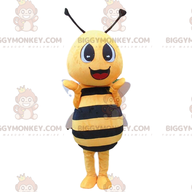 Yellow and black bee costume, giant and smiling -