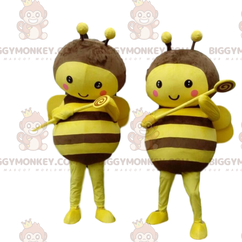 2 BIGGYMONKEY™ keltaista ja ruskeaa mehiläismaskottia, erittäin