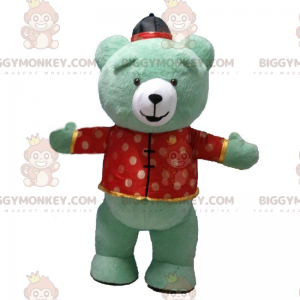 BIGGYMONKEY™ maskotdräkt Uppblåsbar grön teddy klädd i asiatisk