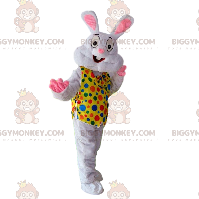 BIGGYMONKEY™ White Rabbit Mascot Costume With Colorful Polka