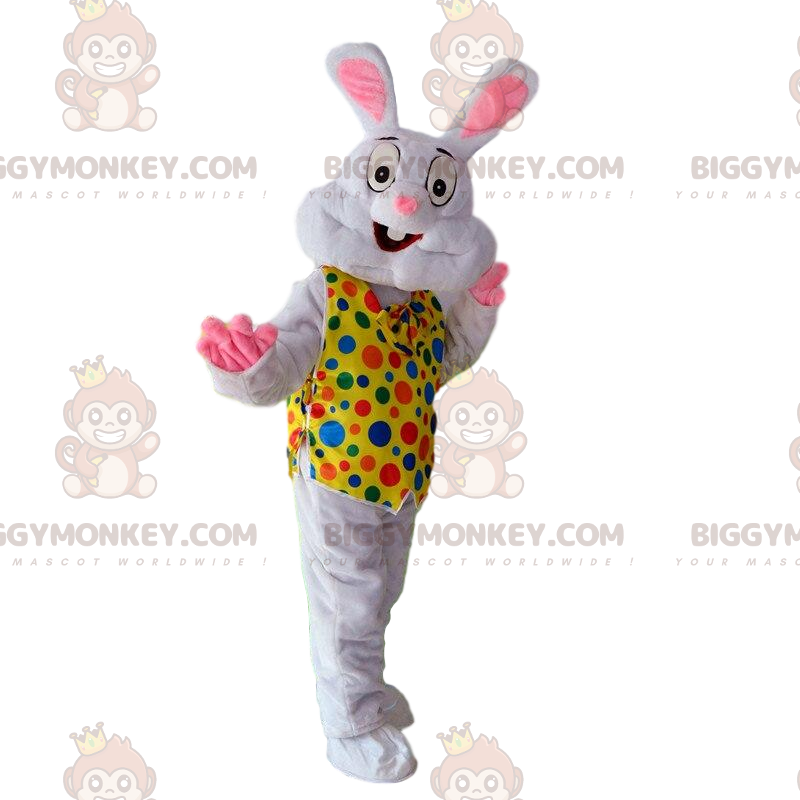 BIGGYMONKEY™ wit konijn mascottekostuum met kleurrijk polkadot