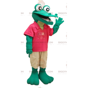 BIGGYMONKEY™-mascottekostuum van groene krokodil in rood-bruine