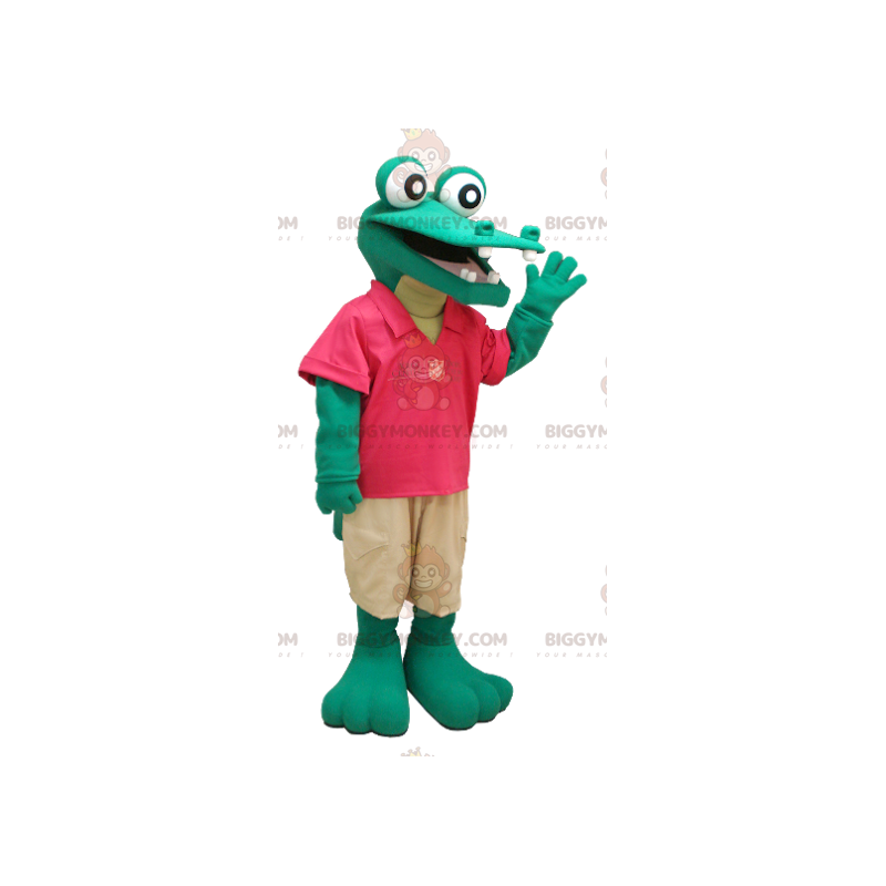 BIGGYMONKEY™ Maskotdräkt av grön krokodil i röd och brun outfit