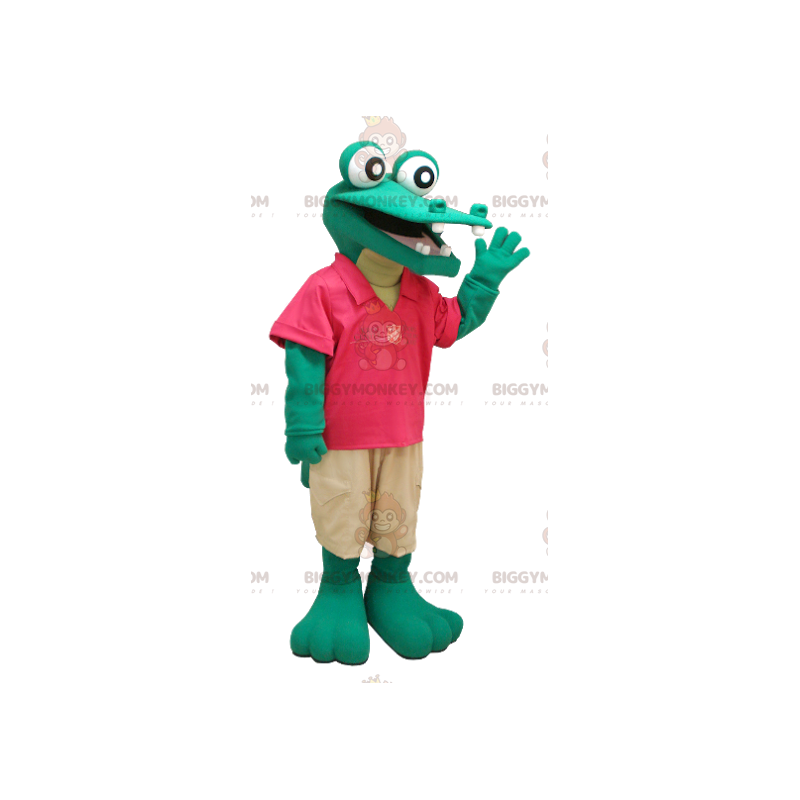 Traje de mascote BIGGYMONKEY™ de crocodilo verde em vermelho e