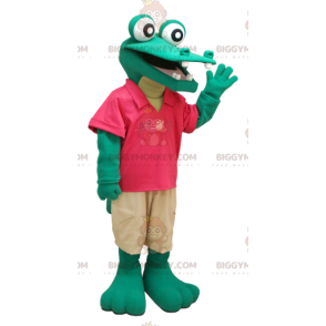 Costume de mascotte BIGGYMONKEY™ de crocodile vert en tenue