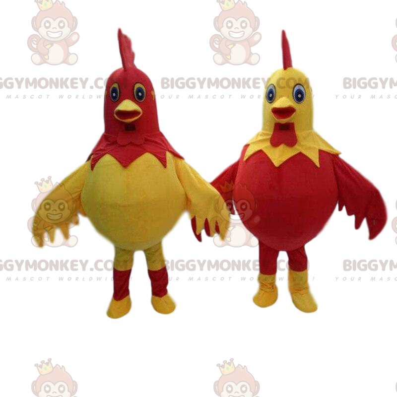 2 disfraces de gallos gigantes y coloridos, la mascota de la