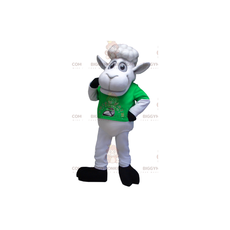 White Sheep BIGGYMONKEY™ Mascot Costume with Green T-Shirt –