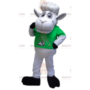 Weißes Schaf BIGGYMONKEY™ Maskottchen-Kostüm mit grünem T-Shirt