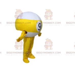 Costume de mascotte BIGGYMONKEY™ de boule de billard jaune et