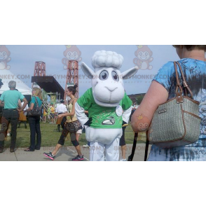 White Sheep BIGGYMONKEY™ Mascot Costume with Green T-Shirt –